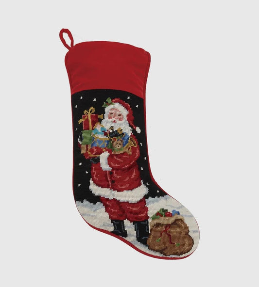 Standing Santa with toys needlepoint embroidered stocking PRE-ORDER 10/1