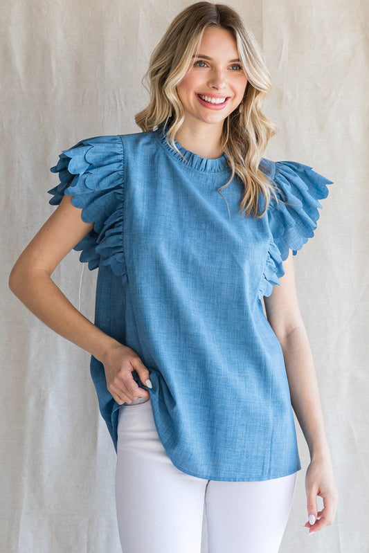 Audrey Chambray Scalloped Top