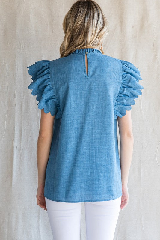 Audrey Chambray Scalloped Top