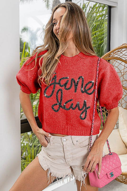 Game Day Puff Sleeve Top - Red/Black