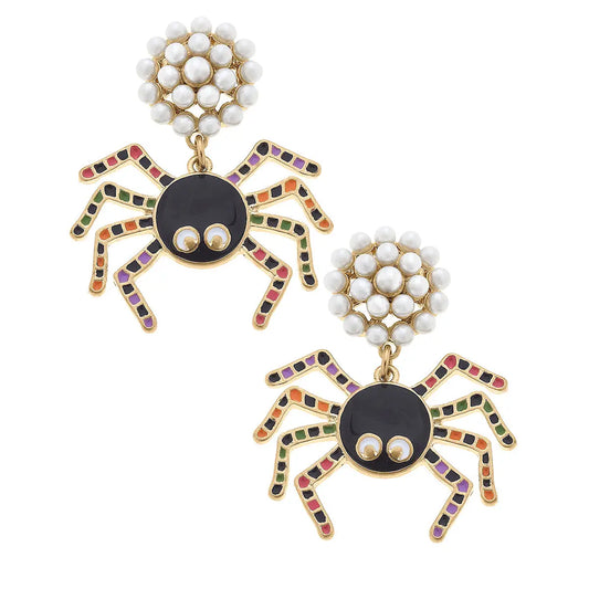 Halloween Enamel Spider Earrings in Black/Multi